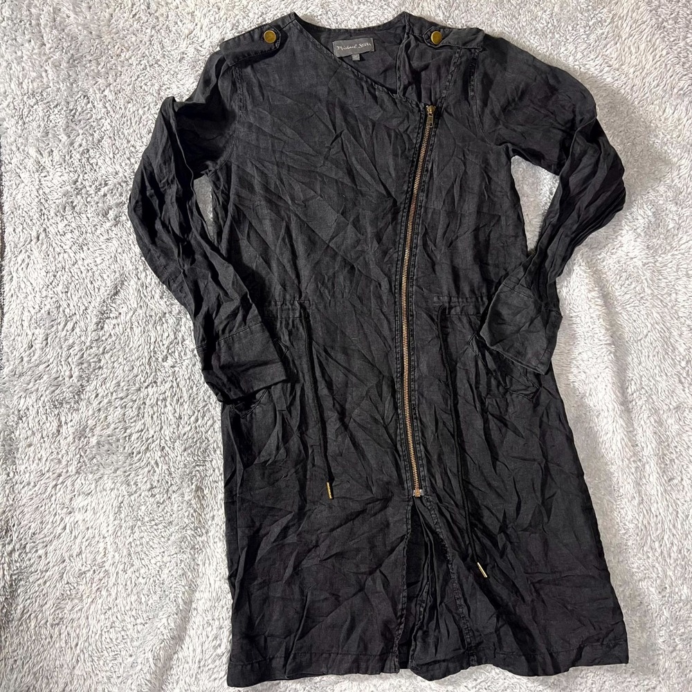 Michael Stars Trench Coat Womens XS Black Cotton Asymmetrical Zip Long Sleeve